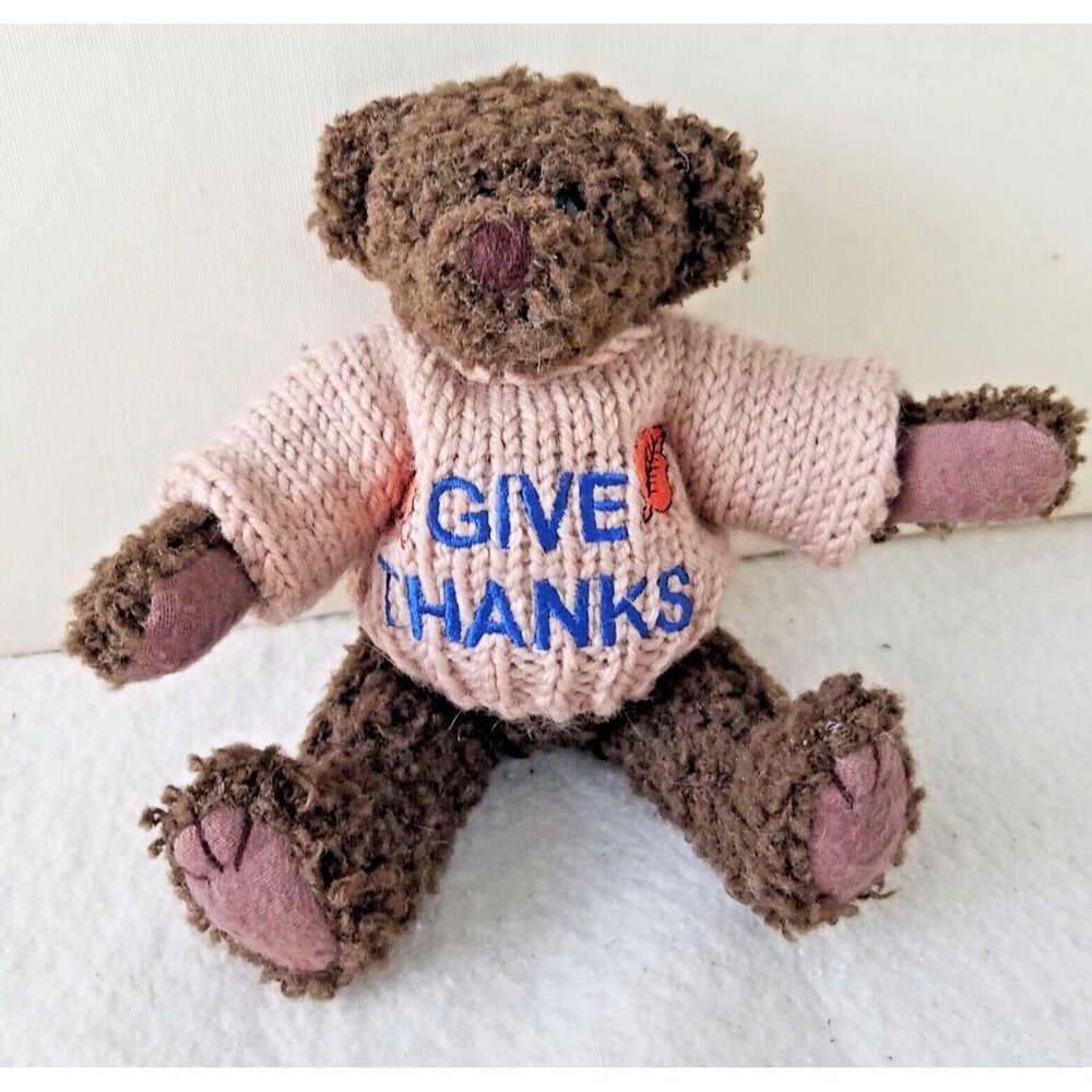 Give Thanks Teddy Bear Plush 5-Jointed Berkeley Designs‎ 8” 1998 beige sweater